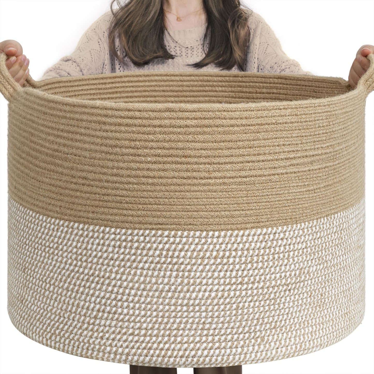 INDRESSME XXXLarge Cotton Rope Basket 21.7" x 21.7" x 13.8" Woven Baby Laundry Blanket Basket Toy Baskets with Handle Storage Comforter Cushions Thread Laundry Hamper