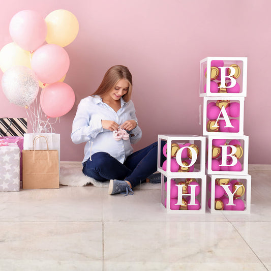 Baby Shower Decorations for Girl and Boy - 6 Clear Boxes with OH and BABY Stickers - Gender Reveal Transparent Box for Balloons, Birthday, Bridal Shower And Wedding Decorations