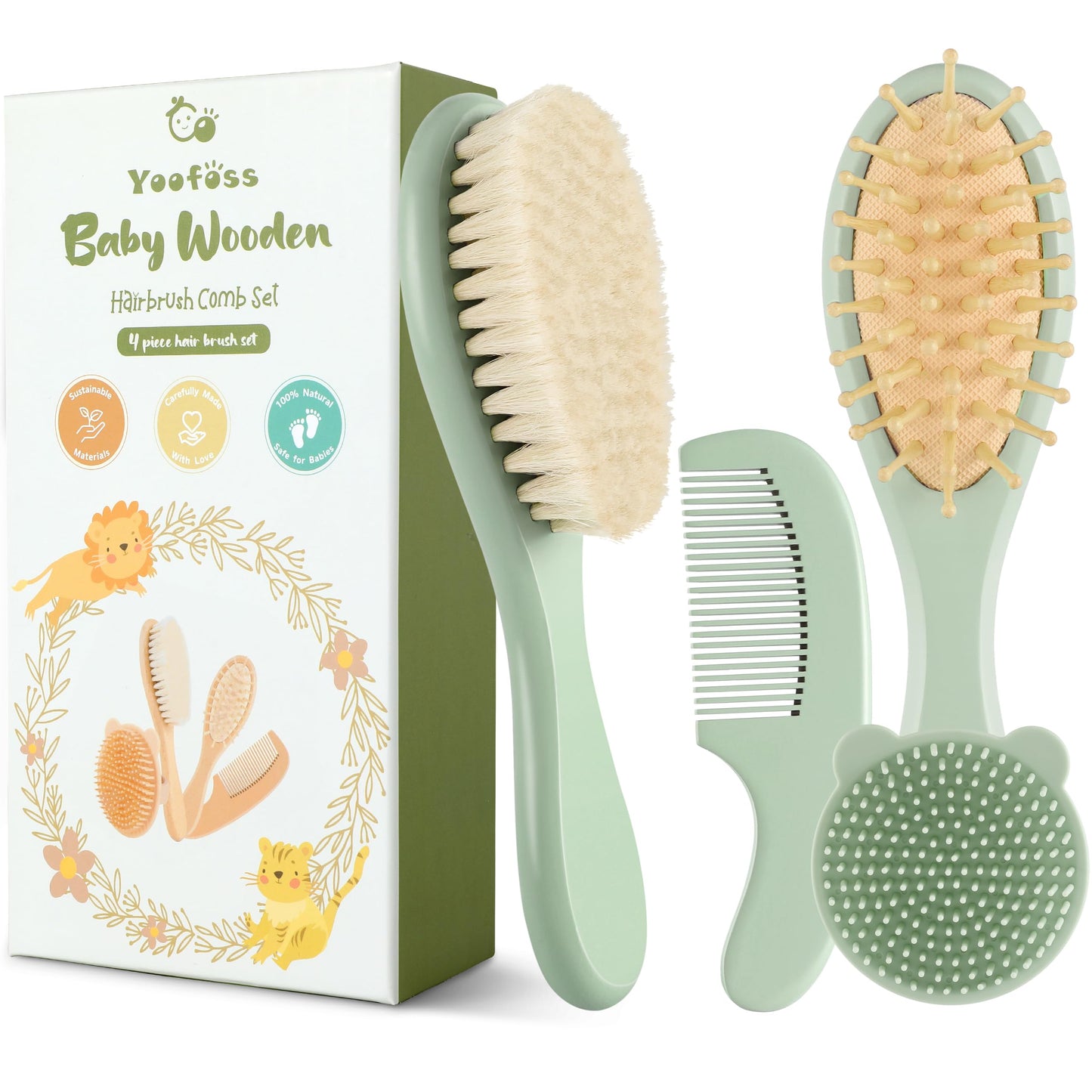 Yoofoss 4 Piece Baby Brush and Comb Set, Wooden Baby Brush with Natural Ultra Soft Goat Hair, Baby Hair Brush for Newborn, Baby Brush Set for Boy Girl