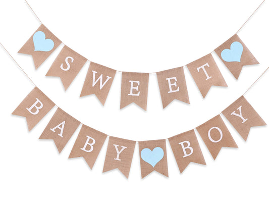 Sweet Baby Boy Burlap Banner - Rustic Baby Shower Decorations, Photo Props (Sweet Baby Boy Blue)