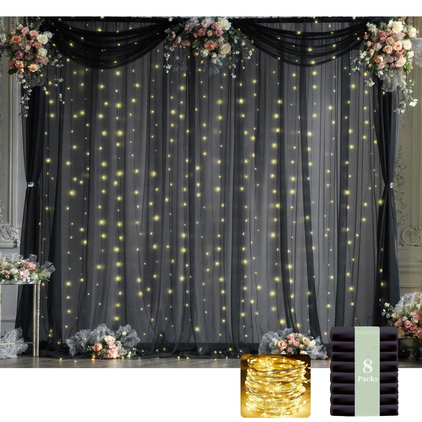 White Tulle Backdrop Curtain with Lights String for Parites 10×8ft Sheer Backdrop Curtains White Curtain Backdrop for Wedding Baby Shower Birthday Party Photo Shoot Decorations(2 Panels 10ft×8ft)