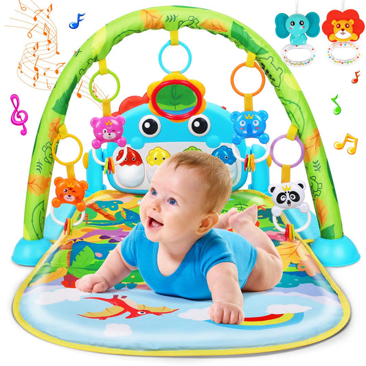 UMIKU Baby Play Mat Baby Tummy Time Mat Activity Center for Newborn Infant Piano Play Gym Mat Music & Light Babies Gifts Boy Girl for Babies 0-6 6-12 Months, Pink Dinosaur