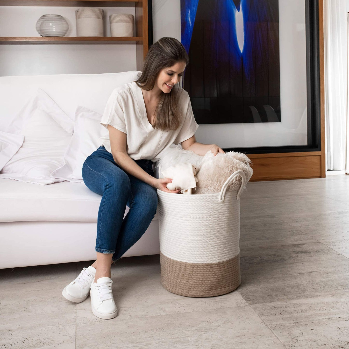 OrganiHaus Large Blanket Basket for Living Room 20x13, Rainbow Rope Basket for Classroom Organization, Toy Storage Basket, Woven Kids Laundry Basket, Baby Toy Box, Cute Storage Basket, Nursery Hamper