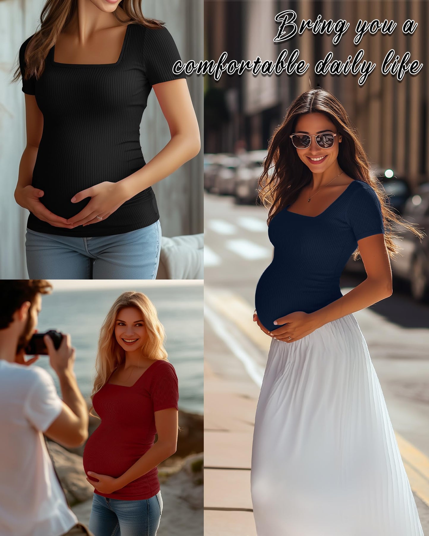 Huukeay 4 Pack Women's Maternity Shirts Cotton Ribbed Short Sleeve Square Neck Pregnancy Tops Side Ruched Summer Tee