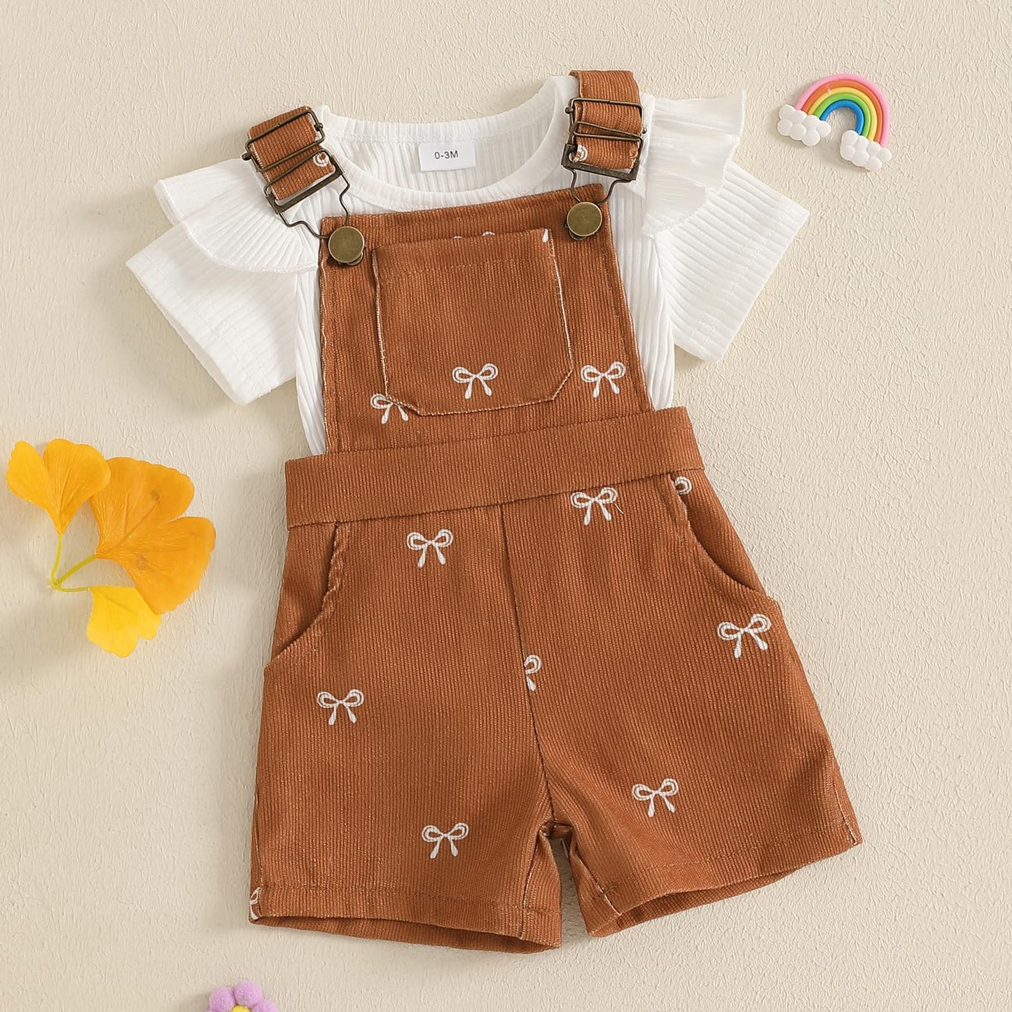 Adobabirl Baby Girl Summer Clothes Ribbed Short Sleeve Romper Bow Print Overalls Shorts Set Infant Cute Summer Outfits
