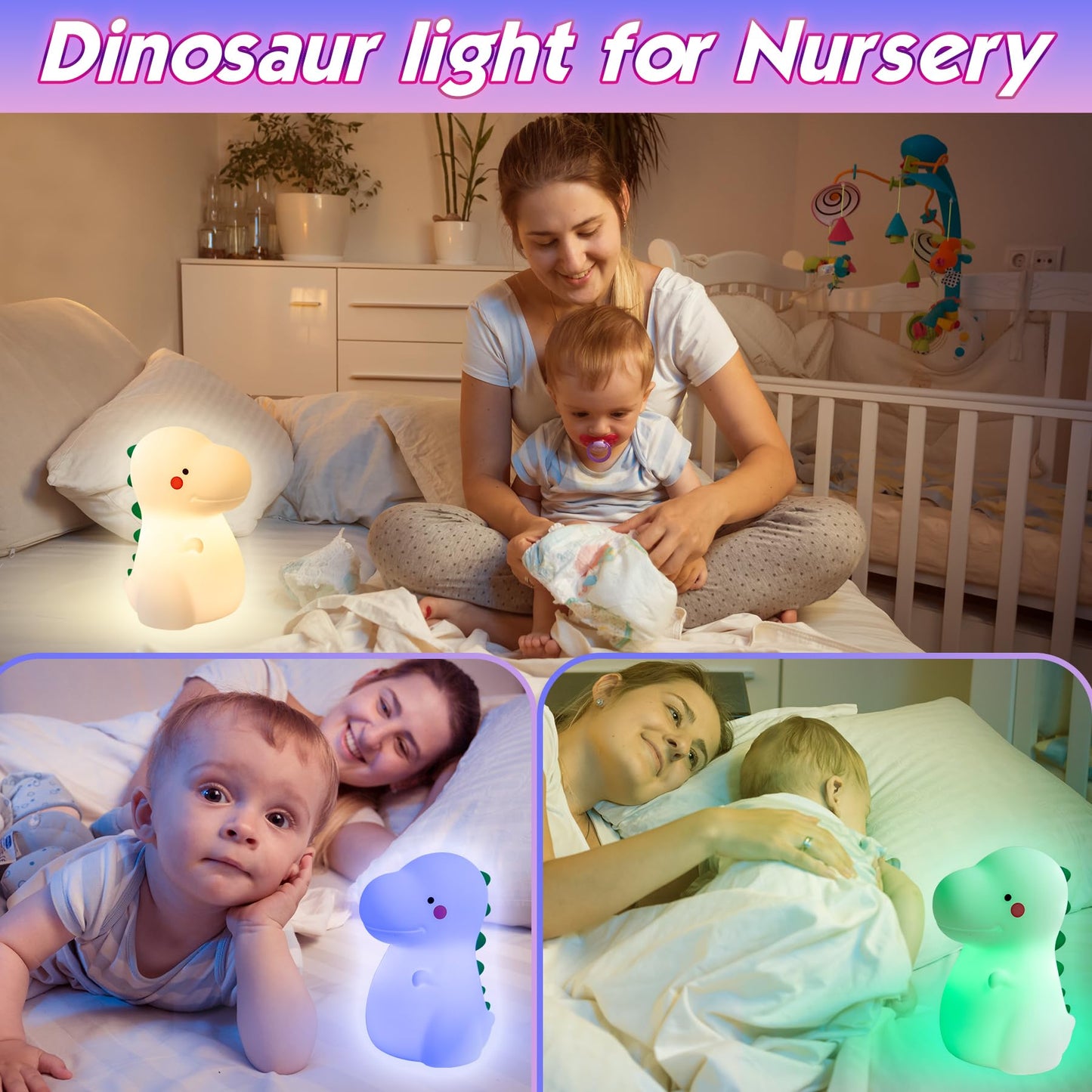 Children's Dinosaur Night Lamp, 7-Color Adjustable Breathing Dinosaur lamp, Portable Rechargeable LED Bedside lamp for Kindergarten, Boys and Girls' Toy Christmas Gift (Green)