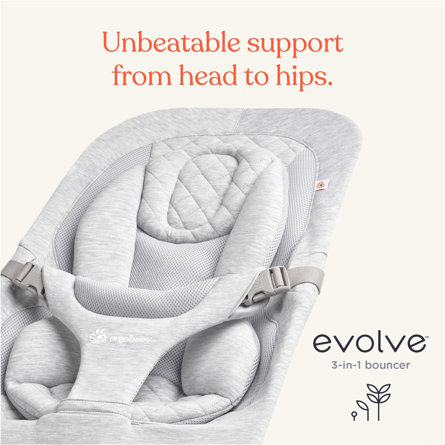 Ergobaby Evolve 3-in-1 Mesh Bouncer, Adjustable Multi Position Baby Bouncer Seat, Fits Newborn to Toddler, Grey Mesh