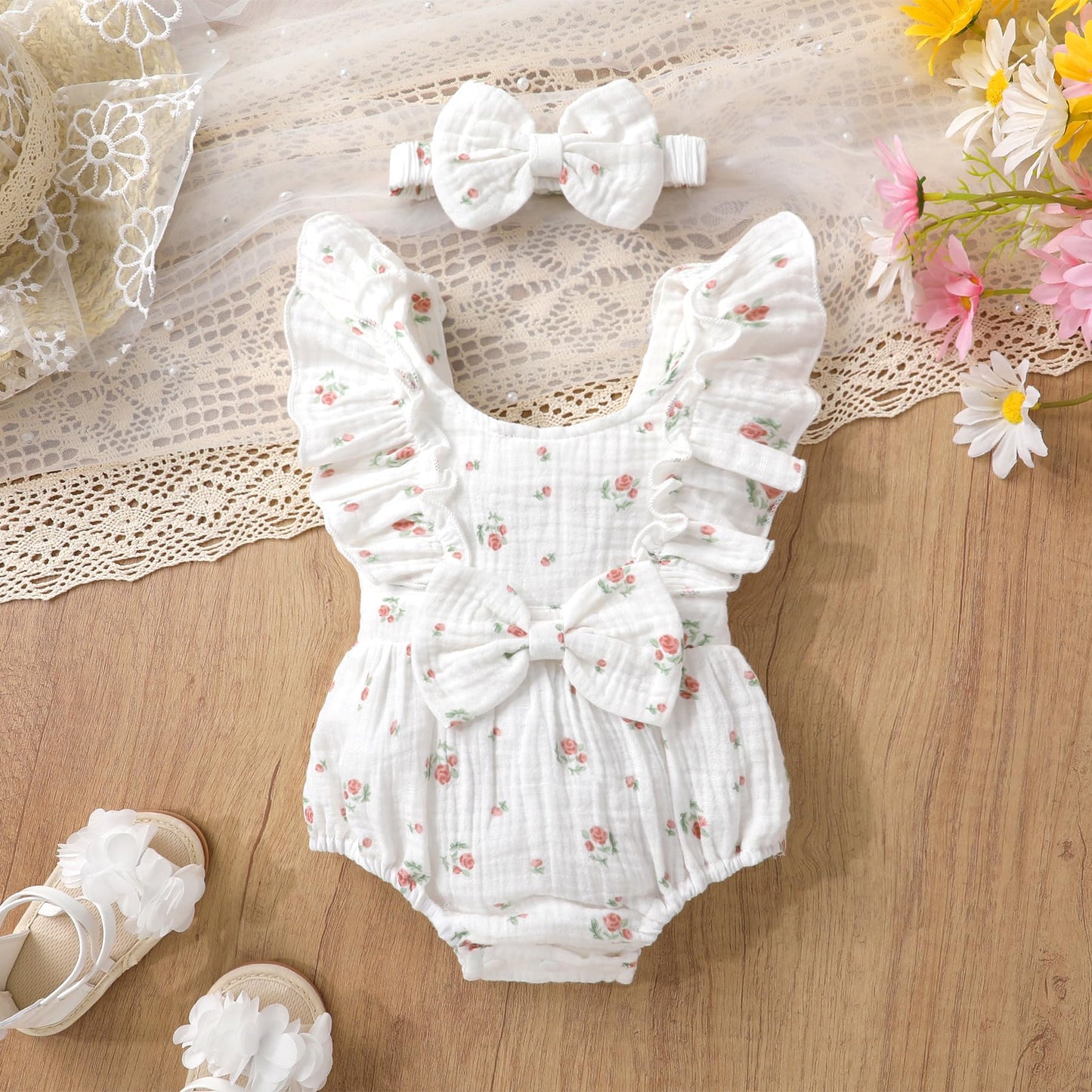 YOUNGER TREE Newborn Baby Girl Clothes Ruffle Sleeve Rompers Infant Backless Floral Jumpsuit Summer Outfits with Headband