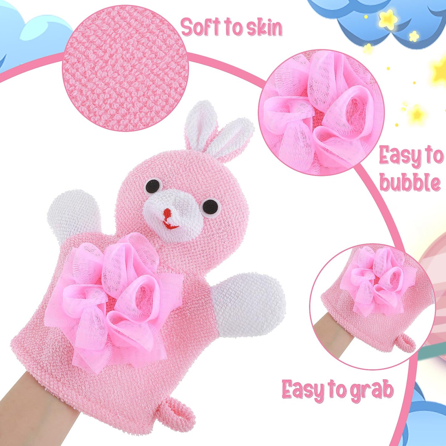 2 Pcs Bath Mitt Washcloths Gloves, Cute Cartoon Exfoliating Glove Body Scrubber, Gentle Soft Scrub Bath Loofahs Sponges for Kids Shower Washing (Pink Rabbit and Yellow Duck)