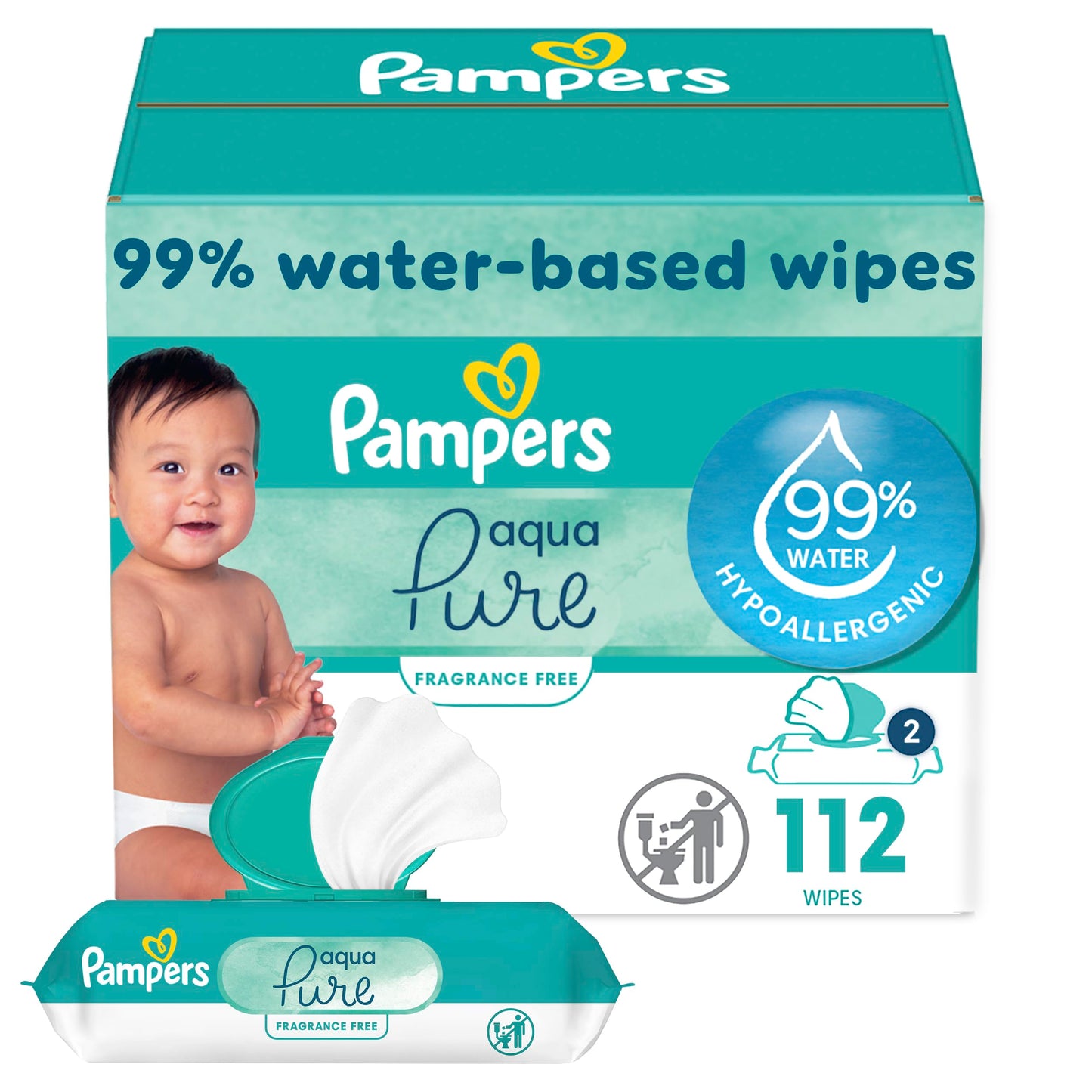 Pampers Baby Wipes Aqua Pure, 99% water-based wipes, Hypoallergenic and Unscented Infant Wipe, 896 Total (16 Flip-Top Packs)