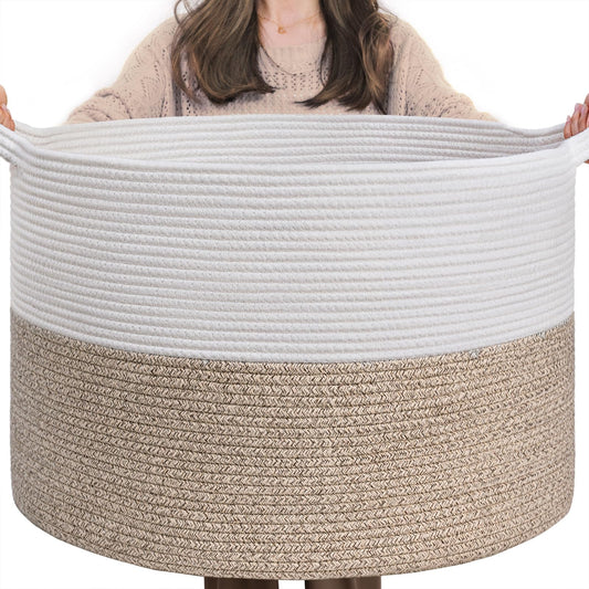 INDRESSME XXXLarge Cotton Rope Basket 21.7" x 21.7" x 13.8" Woven Baby Laundry Blanket Basket Toy Baskets with Handle Storage Comforter Cushions Thread Laundry Hamper