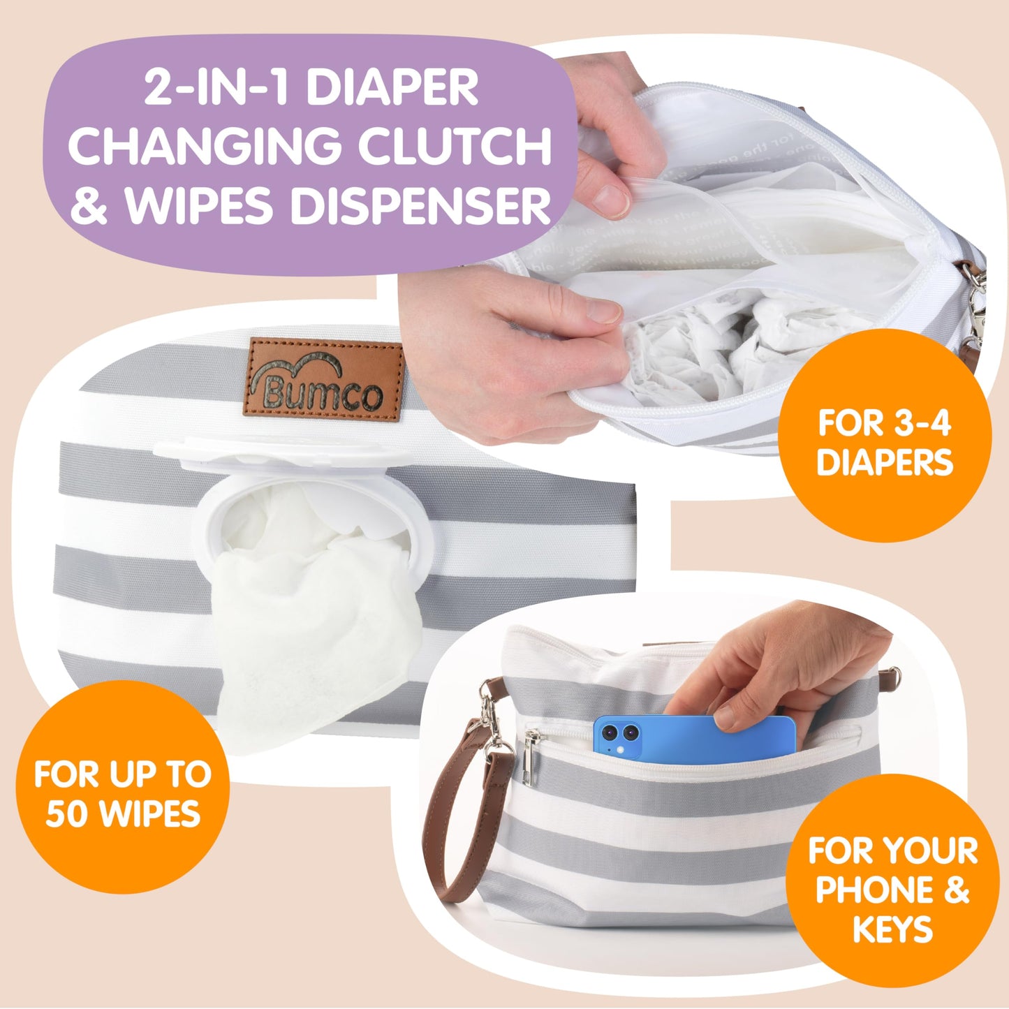 Bumco Diaper Clutch Bag with Refillable Wipes Dispenser - Water Resistant, Lightweight Diaper Pouch with on the go Wipes Dispenser, Portable Baby Wipe Dispenser, (Pink Stripes)
