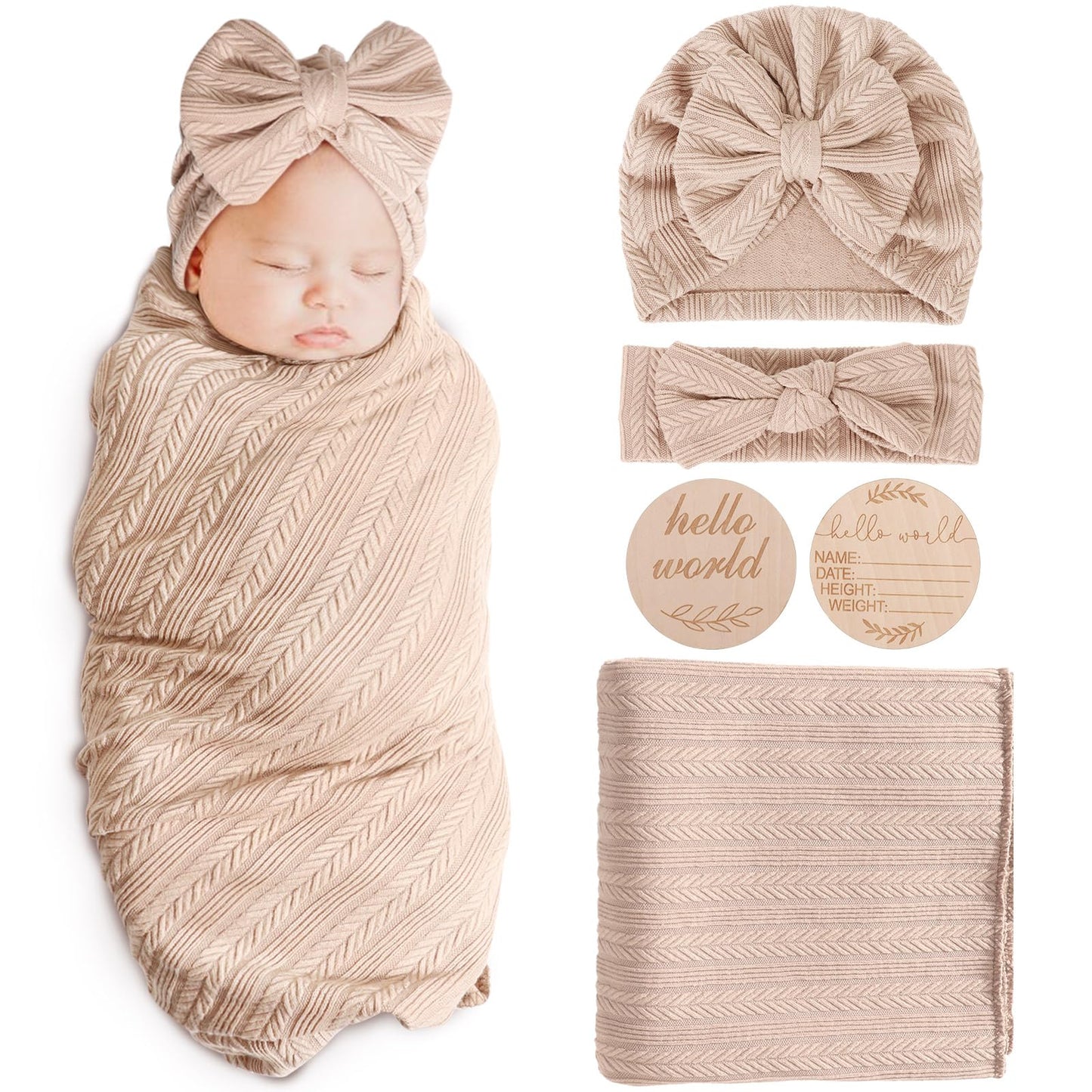 Newborn Receiving Blanket with Bow Hat Mittens Wooden Card Set Wheat-Pattern Newborns Toddler Baby Boy Girl Nursery Swaddle Wrap