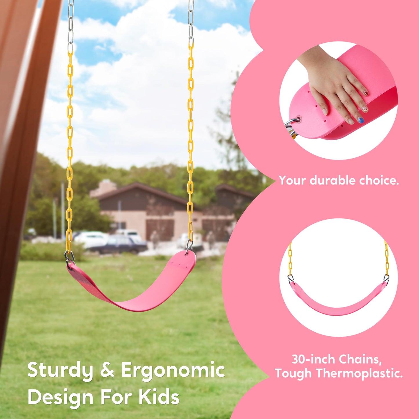 TURFEE Heavy Duty Swing Seat Pink Color with 66” Chain, Swing Set Accessories Replacement with Snap Hooks for Kids Outdoor Play Playground