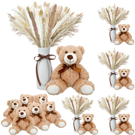 6 Sets 123 Pcs Baby Shower Table Centerpieces Dried Pampas Decor Bear Stuffed Ceramic Look Plastic Vase with Bow for Boho Wedding Bridal Shower Flowers Table Decorations(Brown,Neutral)