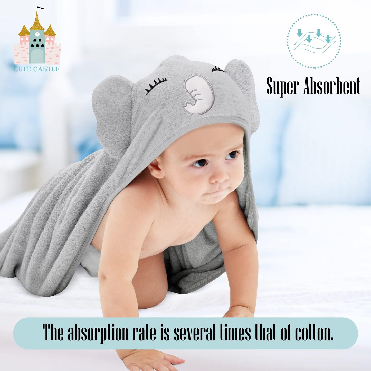 Cute Castle 2 Pack Hooded Baby Towel Rayon Made from Bamboo and 8 Washcloths - Lovely Elephant, Happy Bird
