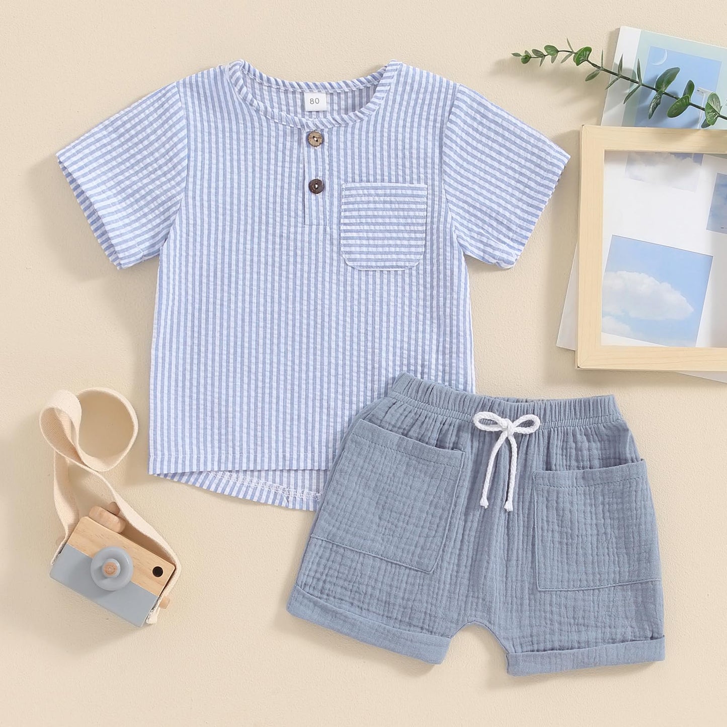 fhutpw Baby Boy Summer Outfits Henley Shirt Soft Pocket Short Sleeve Tops & Shorts Sets Infant 3 6 12 18 Months 2T Clothes