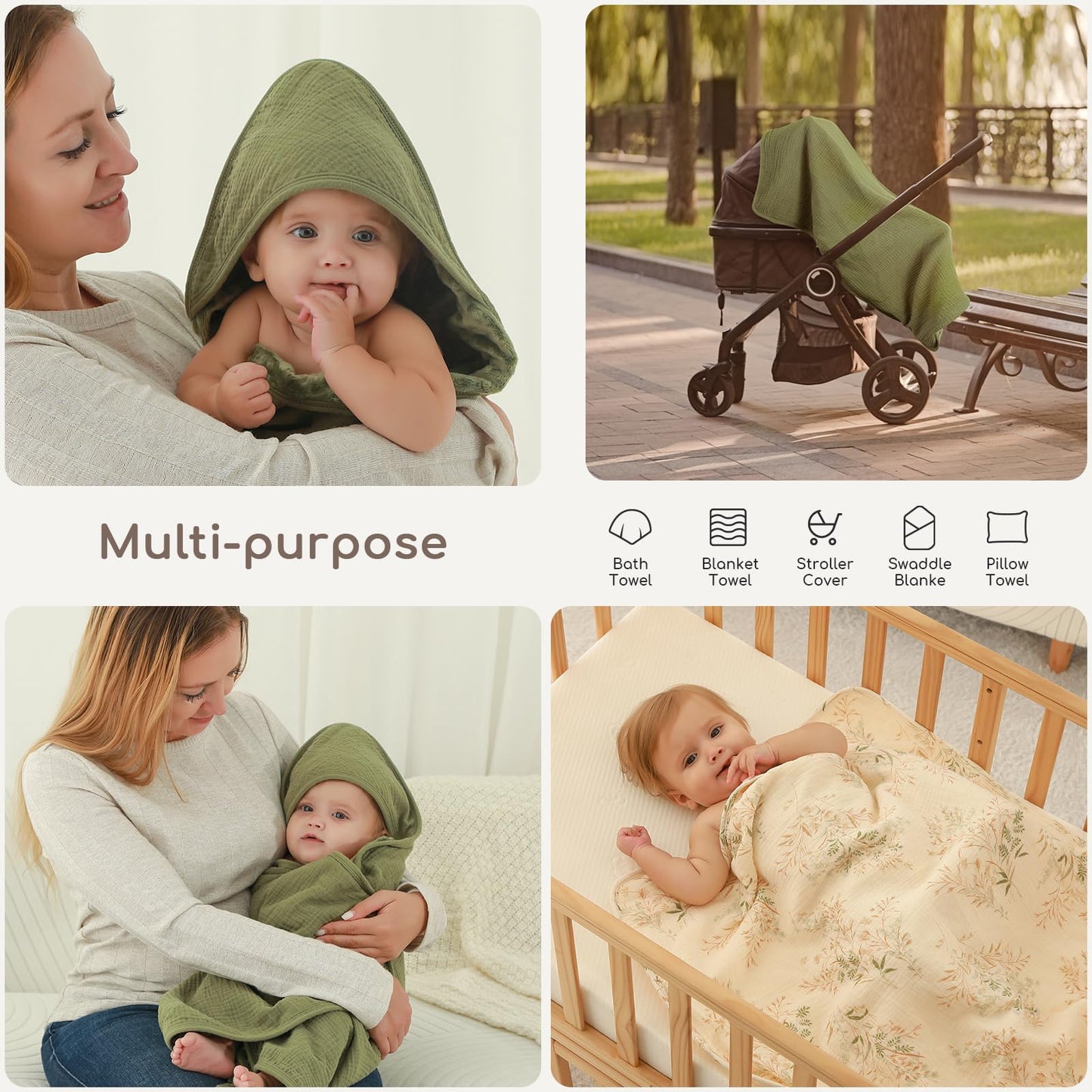 Baby Bath Towels for Newborn 100% Muslin Cotton and Minky Dot Fabric Neutral Hooded Baby Towels Set 2 Pack for Boys Girls Ultra Soft and Absorbent 30 x 30 Inch Green & Plant