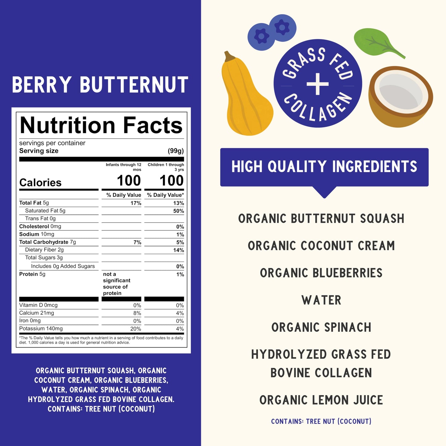 Serenity Kids 6+ Months Dairy-Free Smoothie Baby Food | USDA Organic | Grass Fed Collagen Protein | 3.5 Ounce BPA-Free Pouch | Berry Butternut | 12 Count