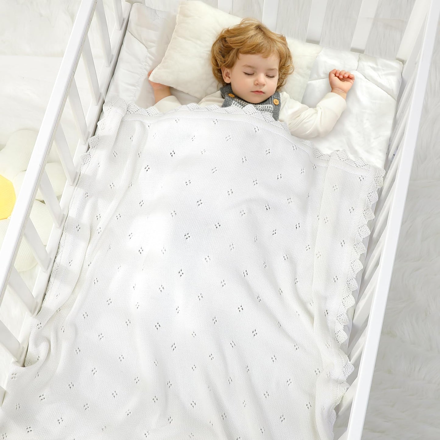 mimixiong Cotton Baby Blanket Knitted Crochet Receiving Crib Nursery Swaddling Blankets for Newborn Baby Boy Girl Off White 30x40 Inch