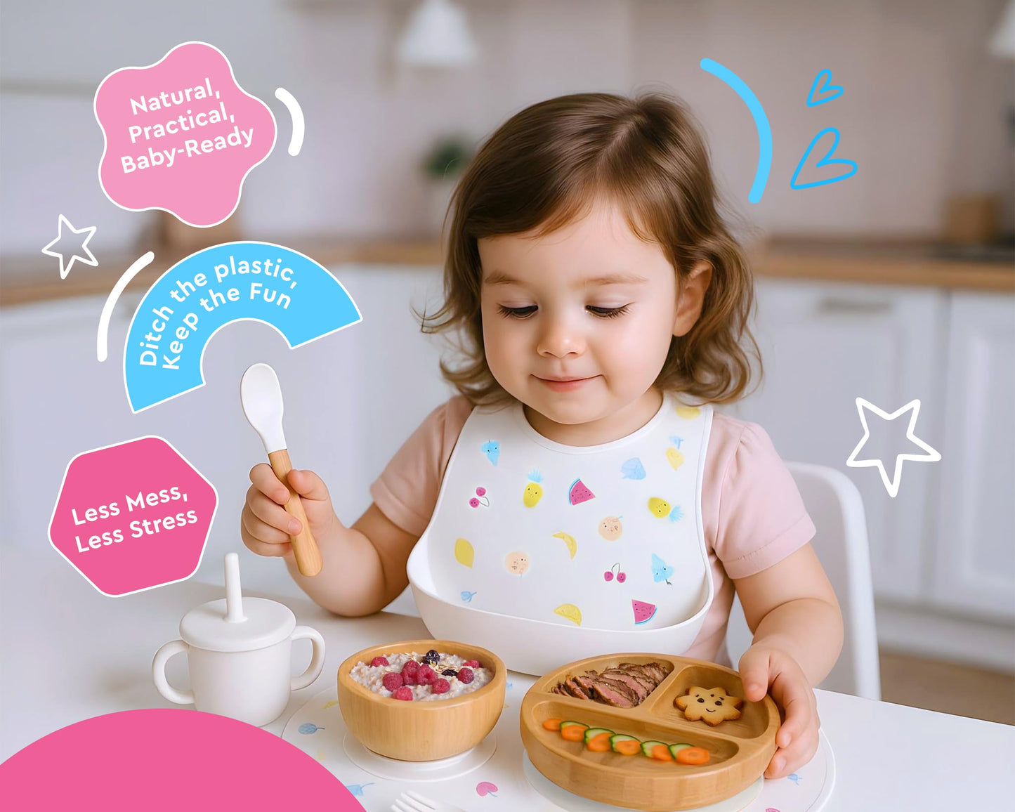 Bamboo Baby Feeding Set for Infants & Toddlers - Baby Essentials, Non-Toxic, Sustainable, Bamboo Suction Plate & Bowl, Bib, Sippy Cup w/Lid & Straw, Daily Use, Travel, Baby Shower Gifts (Pink)