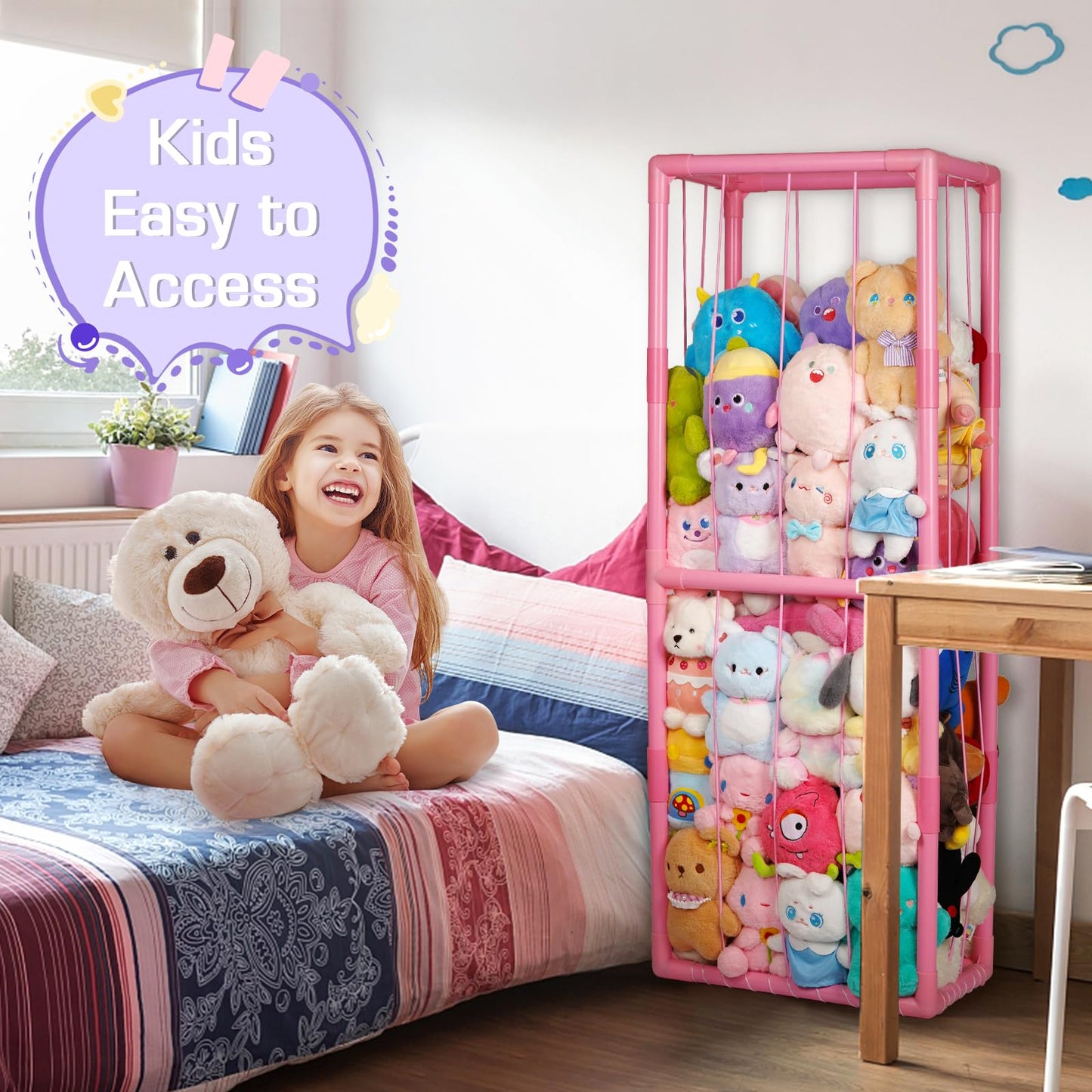 Trycooling Stuffed Animal Storage Zoo Stuffed Animal Holder Space Save Vertical Stuffed Animals Storage PVC with Elastic Band and Net for Playroom Bedroom Nursery (White 1)