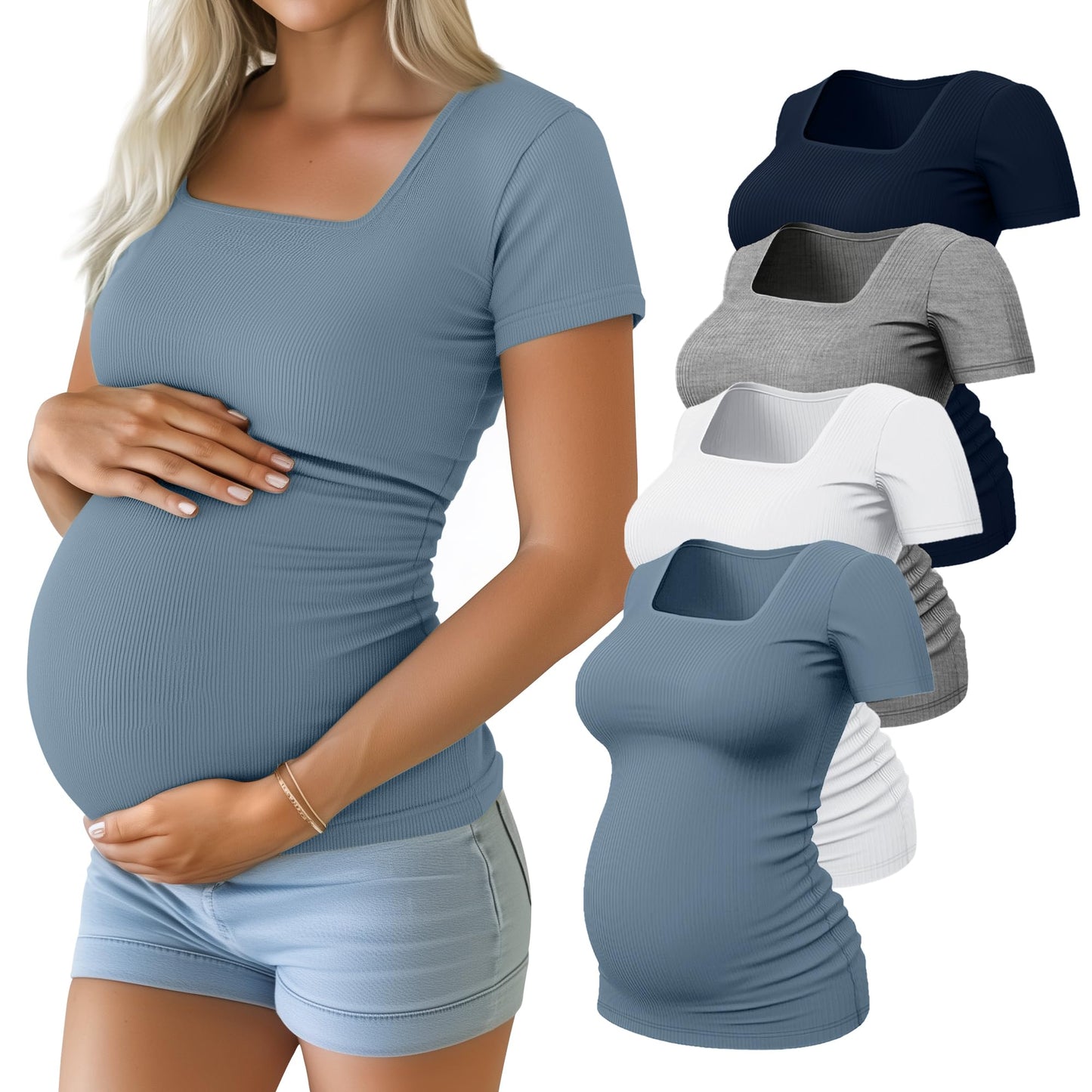 Huukeay 4 Pack Women's Maternity Shirts Cotton Ribbed Short Sleeve Square Neck Pregnancy Tops Side Ruched Summer Tee