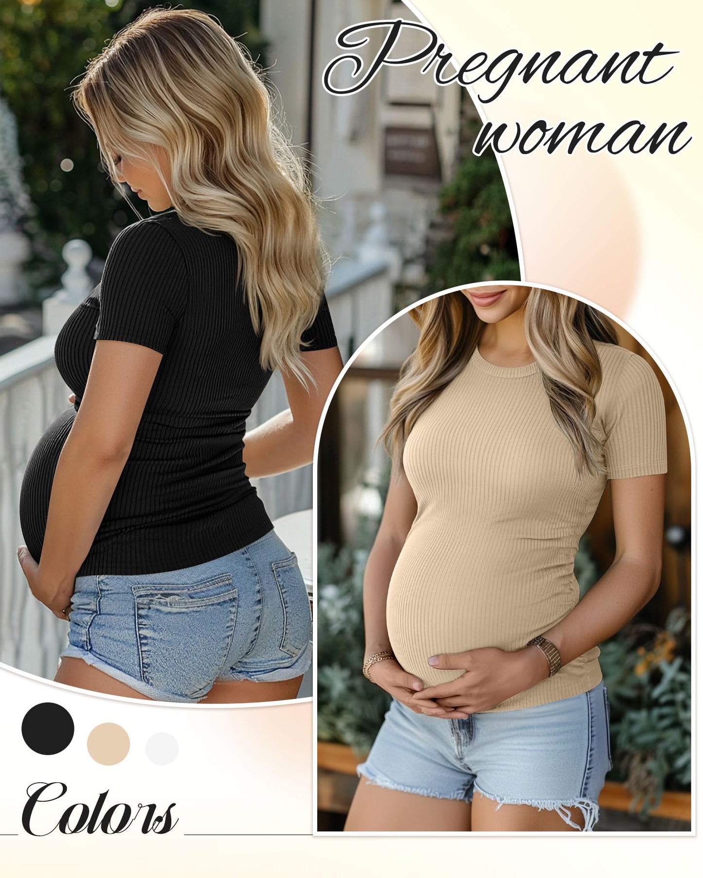 Ficerd 3 Pack Women's Maternity Shirts Cotton Short Sleeve Pregnancy Tops Side Ruched Ribbed Casual Mama tees Clothes