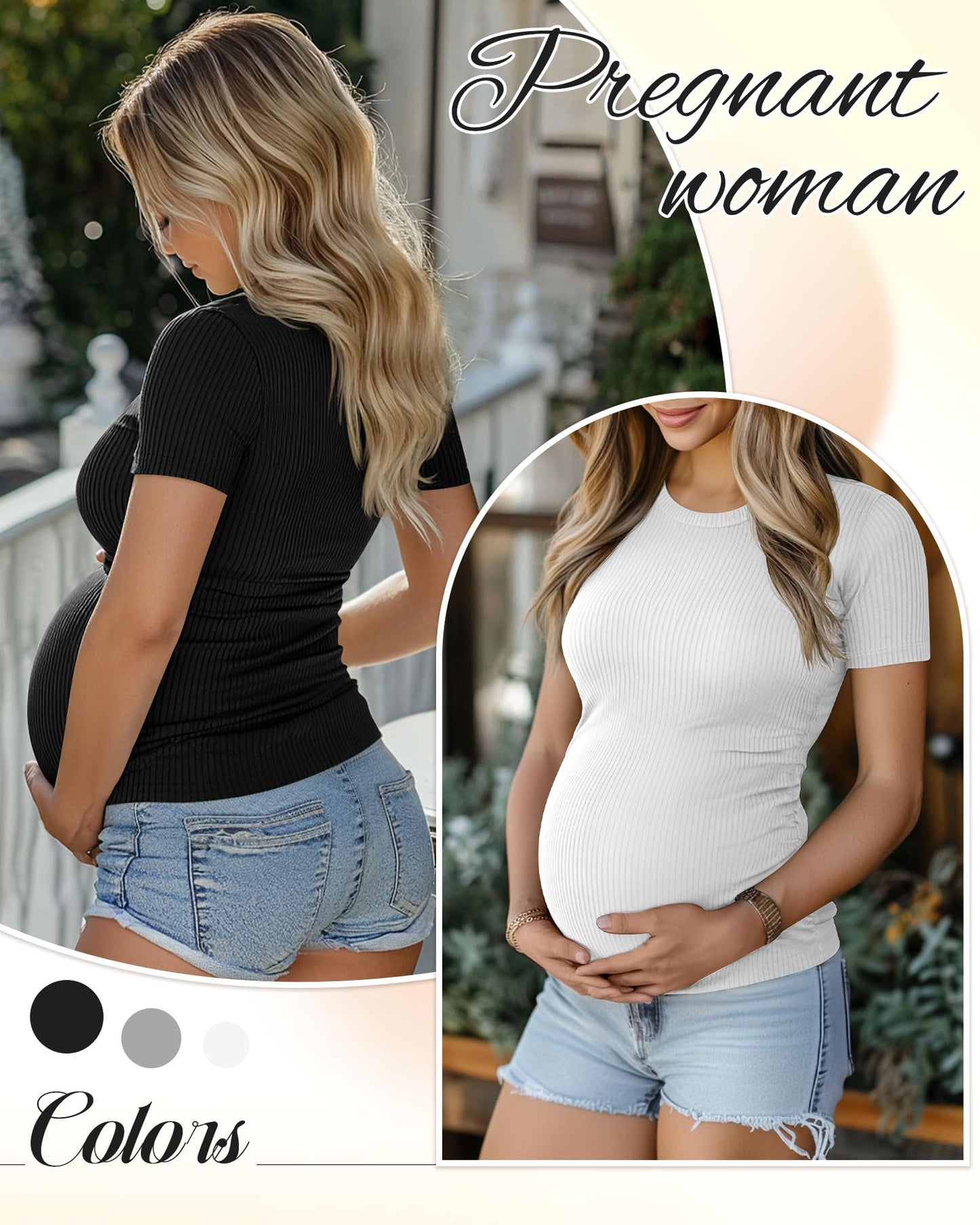 Ficerd 3 Pack Women's Maternity Shirts Cotton Short Sleeve Pregnancy Tops Side Ruched Ribbed Casual Mama tees Clothes