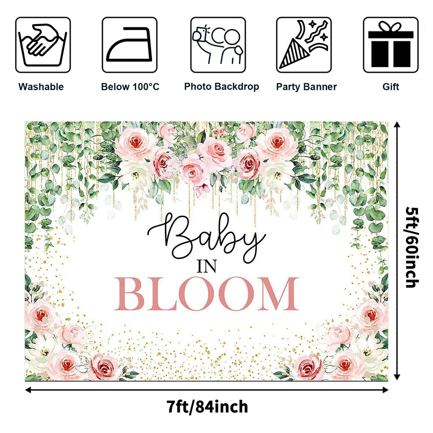 Avezano Baby in Bloom Backdrop Sage Green Leaves with Pink Flowers Baby Shower Party Decorations Baby Girl's Greenery Floral Nature Theme Photography Background Cake Table Banner (6x5ft(72x60in))