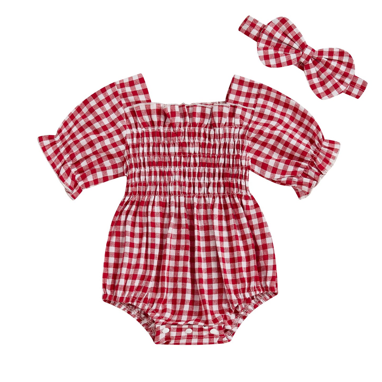 Infant Baby Girls Romper Ruffle Sleeve Pleated Smocked Bubble Plaid One Piece Ruched Jumpsuit Summer Bodysuit