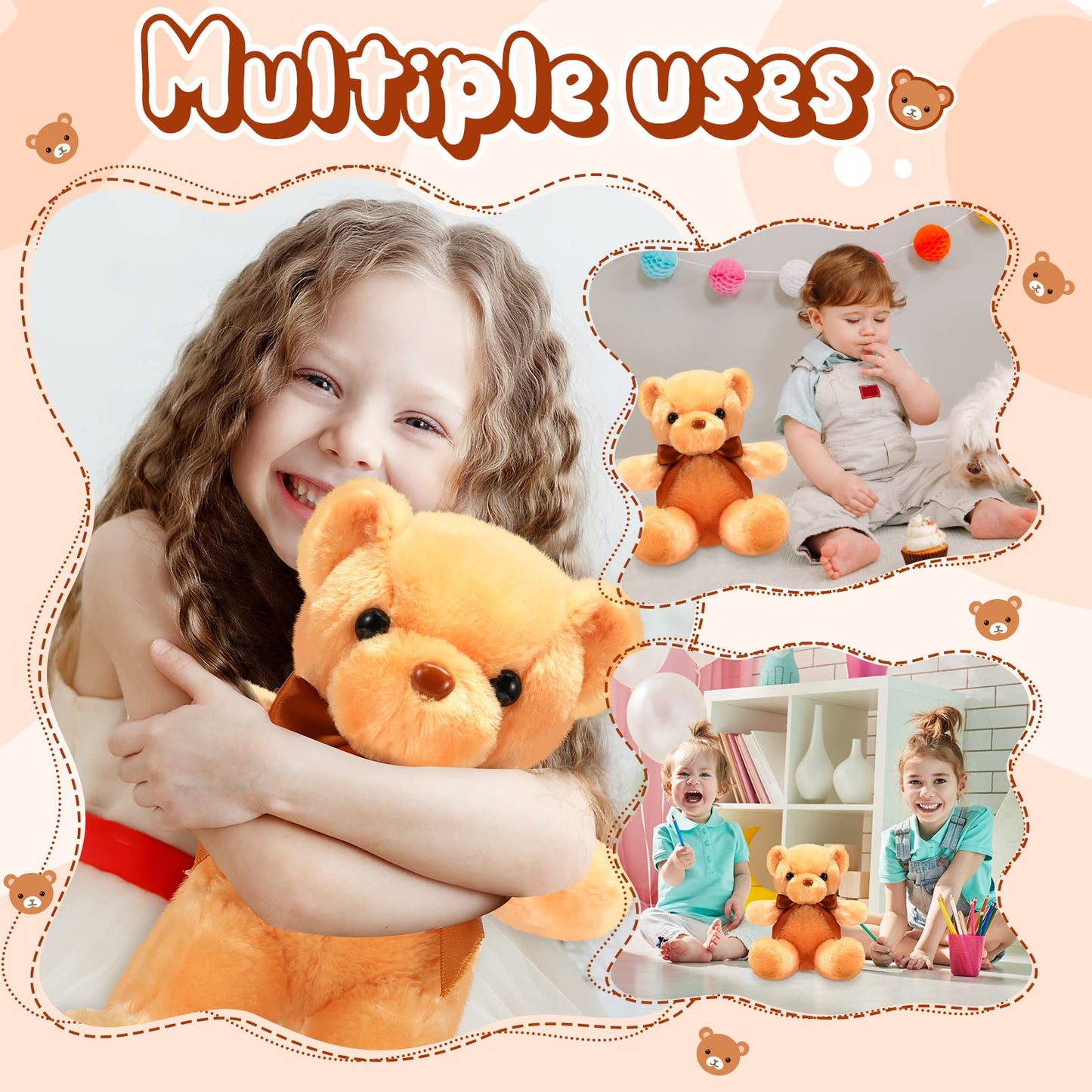 HyDren 6 Pcs Bear Stuffed Animal Plush Toys Soft Plush Dolls Bear Sleeping and Playing Toys for Baby Shower Decoration Boy(Fuzzy Style,Brown)