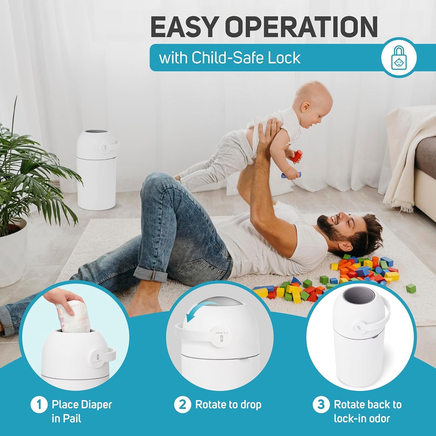 Magic Diaper Pail - Patented 100% Odor-Free System with Child-Safe Lock - Award-Winning Design - No Refills Required - Works with Regular Trash Bags - White