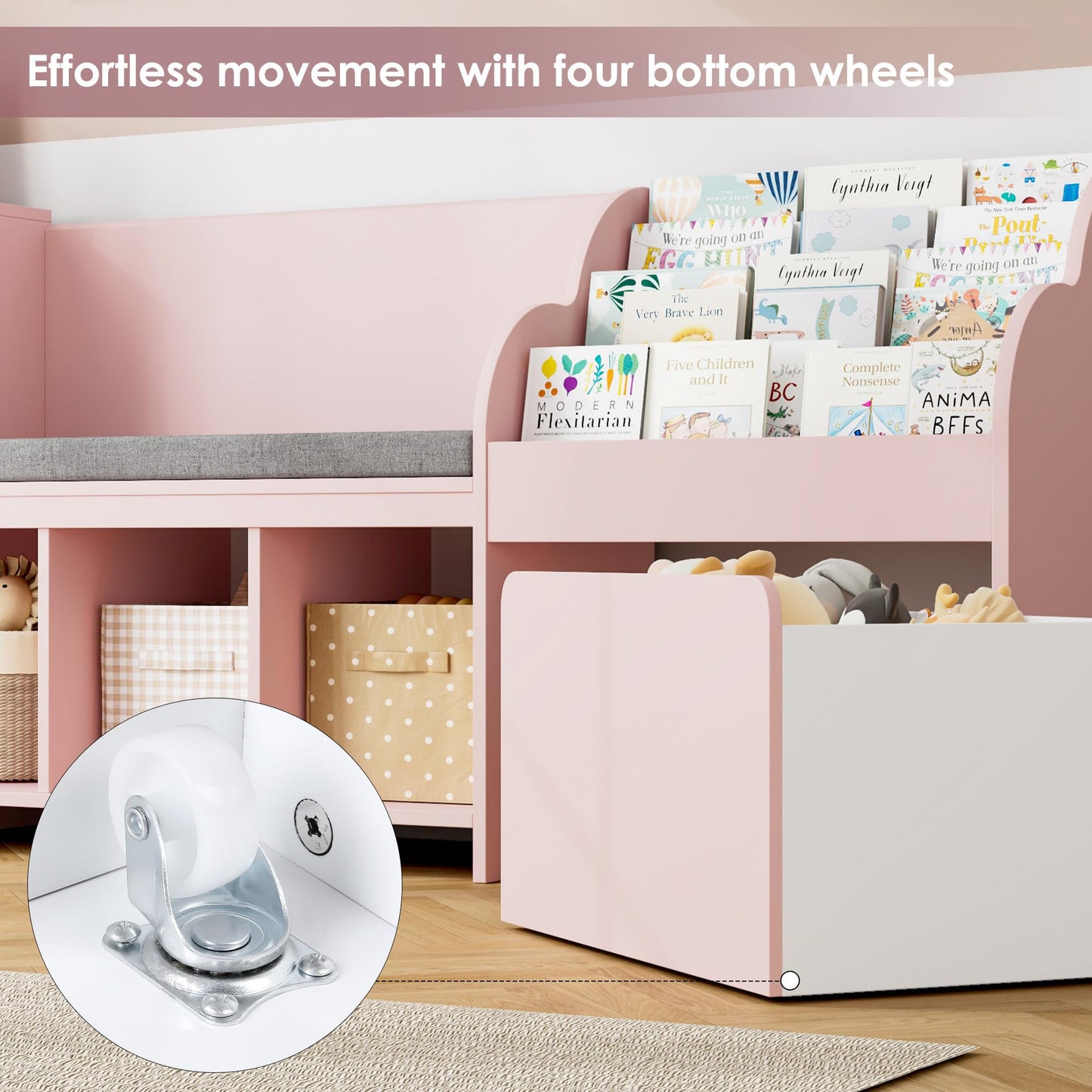 HOSTACK 67" Kids Reading Nook with Bench, Kids Bookshelf and Bookcase with Seat Cushion and 6 Storage Cubbies, Toy Storage Box on Wheels, Toy Chest for Playroom, Bedroom, School, White