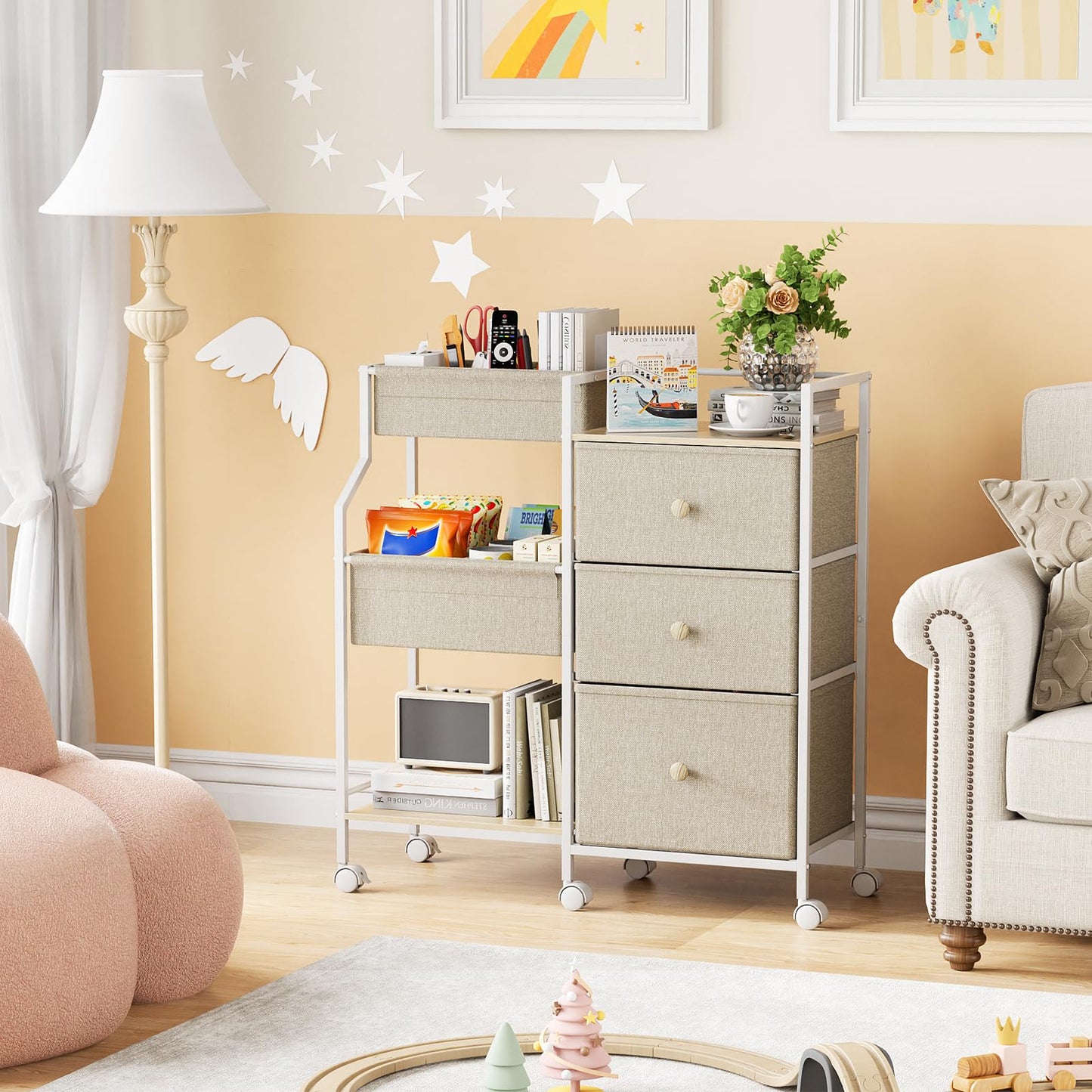 Baby Diaper Caddy Organizer and Storage - 3 Tier Rolling Cart with Dividers and Drawers, Easy To Assemble, Mobile Utility Cart with Wheels for Nursery, Bedroom, Changing Table & Crib