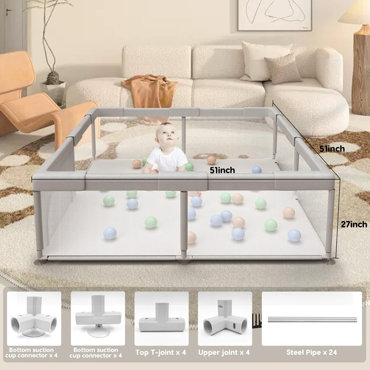 Baby Playpen 50x50 Inch, Play Pens for Babies and Toddlers Baby Fence Baby Play Yards for Indoor & Outdoor with Breathable Mesh Anti-Fall Playpen