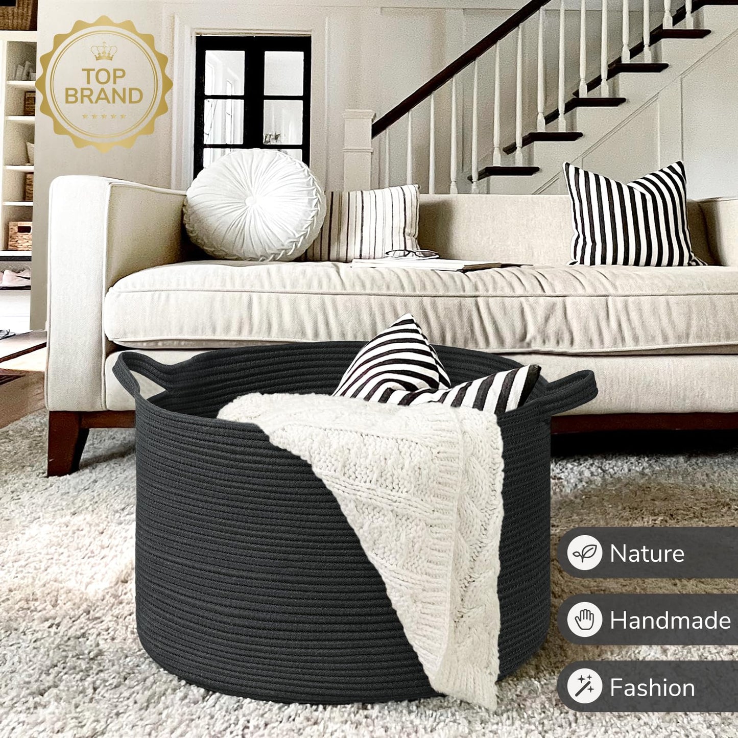 INDRESSME XXXLarge Cotton Rope Basket 21.7" x 21.7" x 13.8" Woven Baby Laundry Blanket Basket Toy Baskets with Handle Storage Comforter Cushions Thread Laundry Hamper