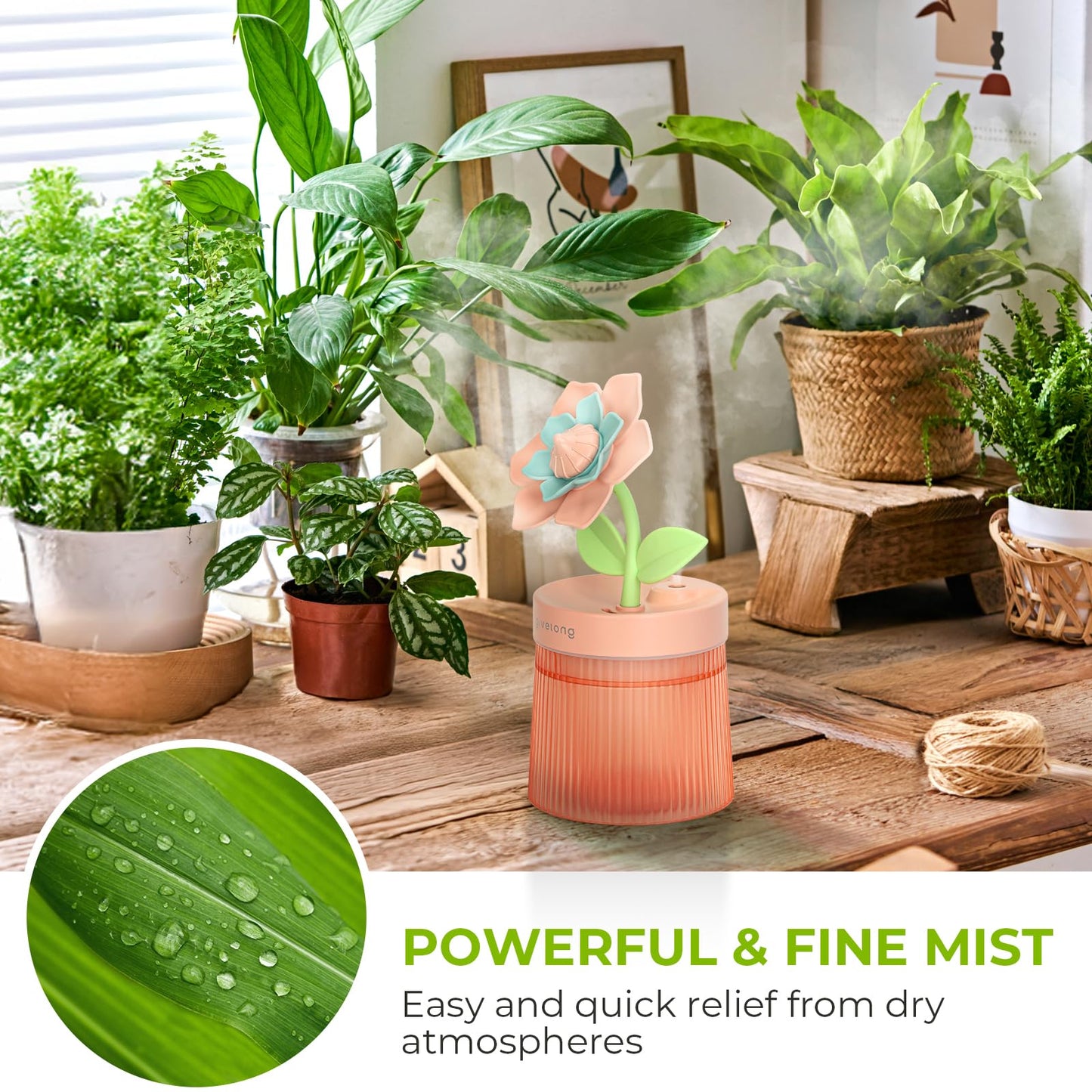 Cute Flower Mini Humidifier, 260ml Gardenia Desktop Humidifiers for Bedroom, Portable Small Cool Mist Humidification for Home, Baby Nursery, Office & Indoor Plants, USB Powered (Pink)