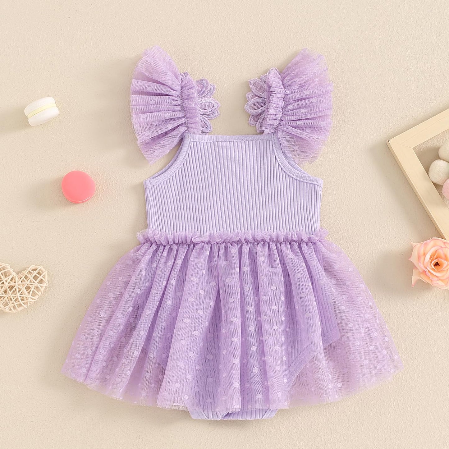 Hnyenmcko Newborn Baby Girl Summer Romper Dress Infant Fly Sleeve Flower Embroidery Mesh Tulle Skirt Hem Ribbed Bodysuit