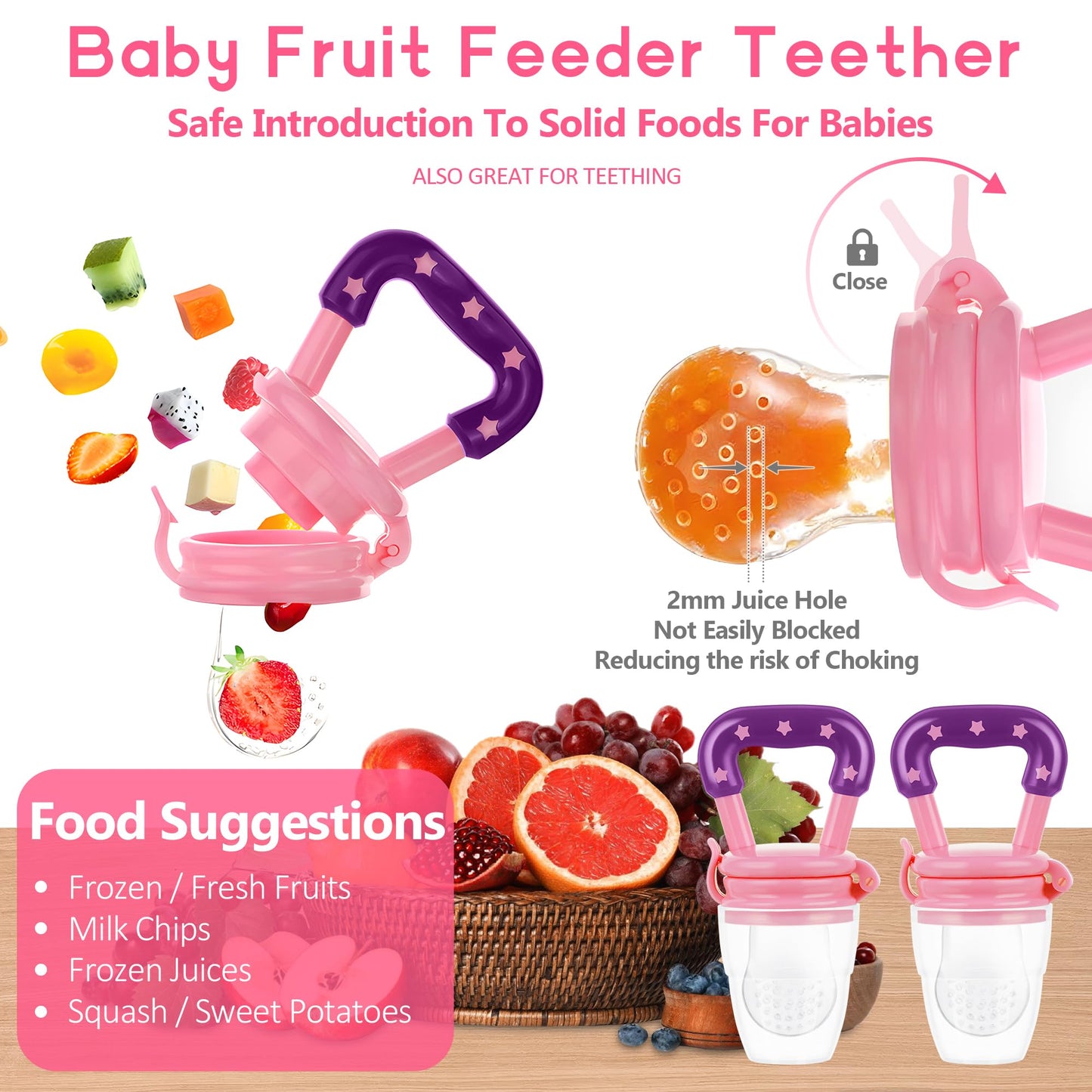 WAJIAYON Baby Fruit Feeder Pacifier | Infant Food Feeder Pacifier & Food Dispensing Spoon | Mesh Fresh Fruit Teethers for Babies | Silicone Feeder Baby Shower Gifts for Boys and Girls (Pink)