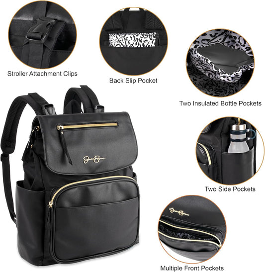 Jessica Simpson Black Vegan Leather Diaper Bag Backpack with Baby Changing Mat Pad, Stroller Strap Clips, 2 Pc. Set