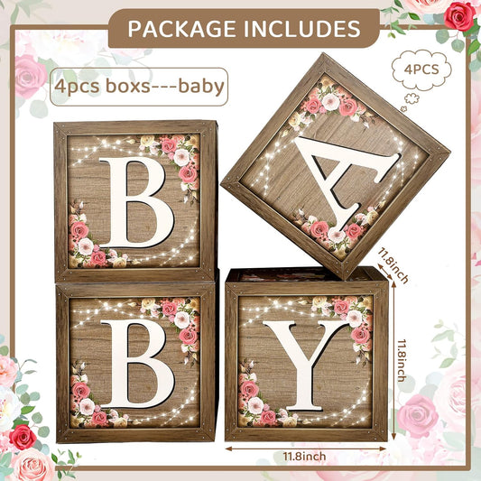 Epakh Baby Boxes with Letters for Baby Shower, Rustic Floral Brown Blocks Bear Box Birthday Party Gender Reveal Photo Props for Girl Boy