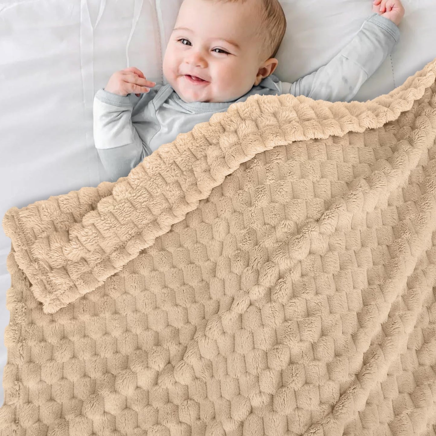 HOMRITAR Baby Blanket for Boys or Girls 3D Jacquard Fluffy Fuzzy Soft Warm Cozy Flannel Fleece Warm Blanket for Nursery, Stroller Toddler Bedding (30 x 40 Inch, Blue)