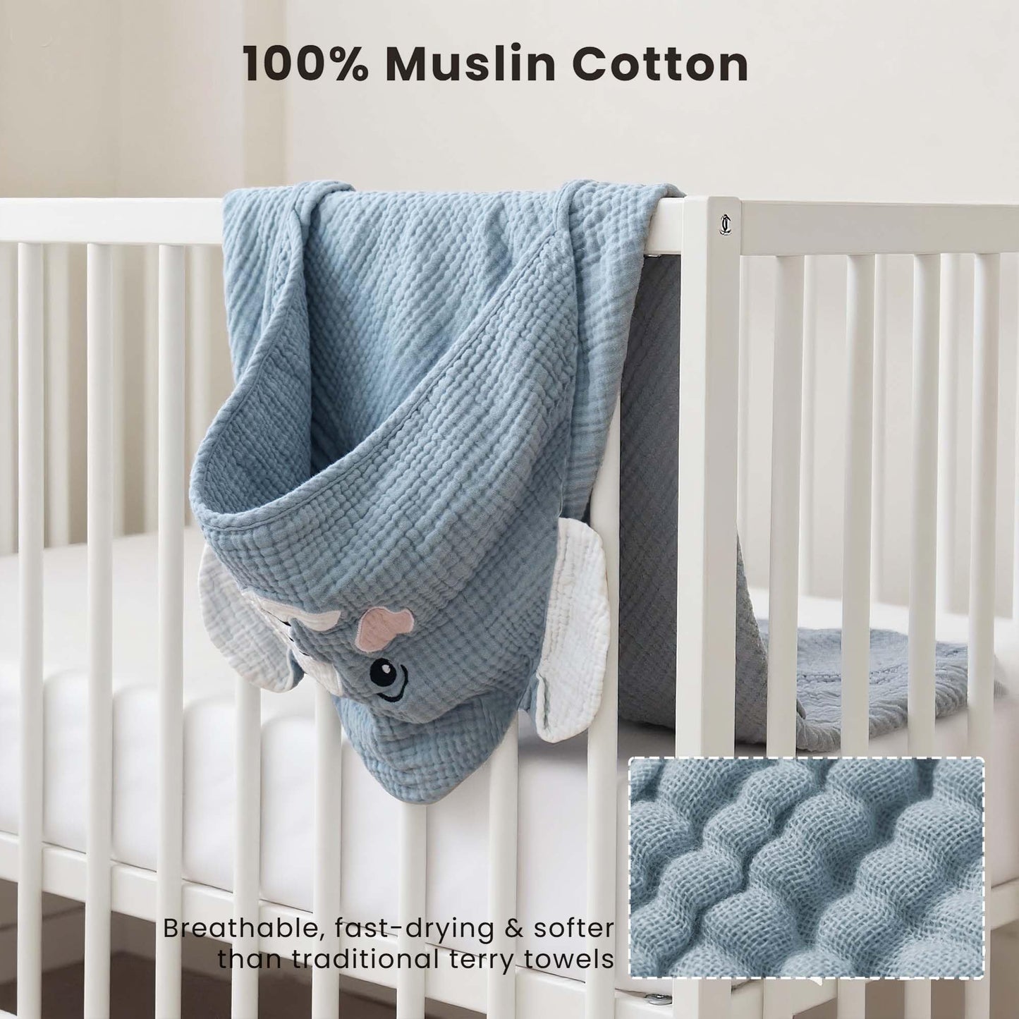Konssy 2-Pack Muslin Baby Hooded Towels, Soft Cotton and Absorbent Baby Bath Towels for Newborn, Infant & Toddler with Animal Hooded Design (Bunny & Deer)