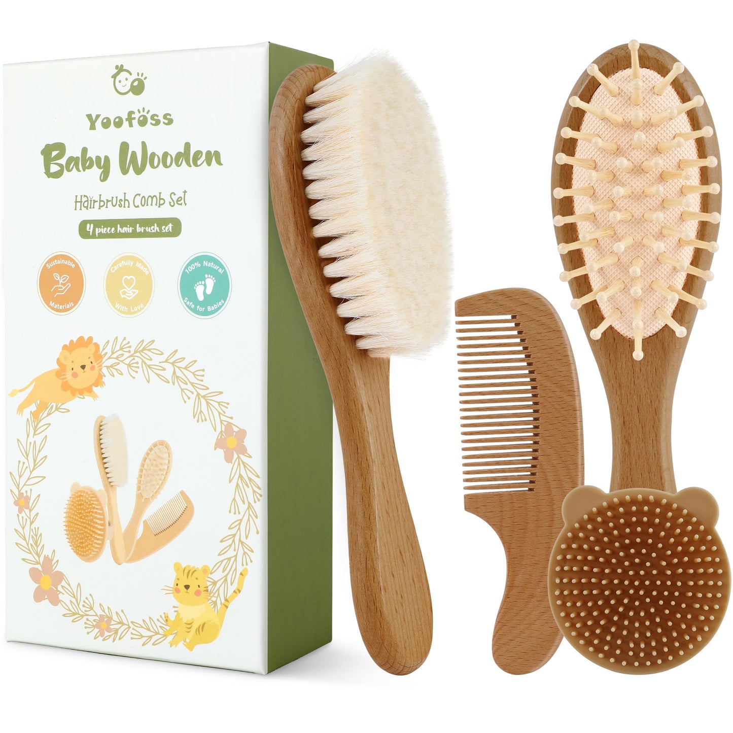 Yoofoss 4 Piece Baby Brush and Comb Set, Wooden Baby Brush with Natural Ultra Soft Goat Hair, Baby Hair Brush for Newborn, Baby Brush Set for Boy Girl