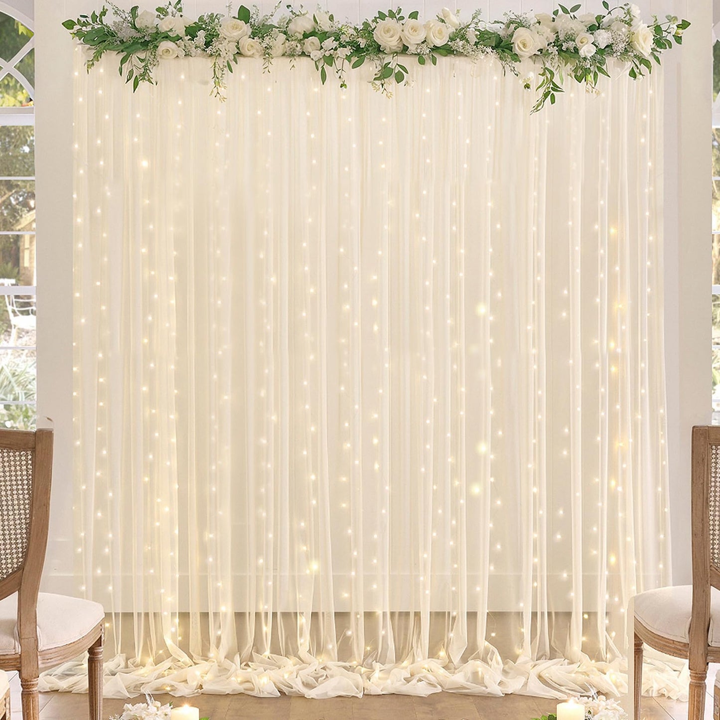 White Tulle Backdrop Curtain with Lights String for Parites 10×8ft Sheer Backdrop Curtains White Curtain Backdrop for Wedding Baby Shower Birthday Party Photo Shoot Decorations(2 Panels 10ft×8ft)