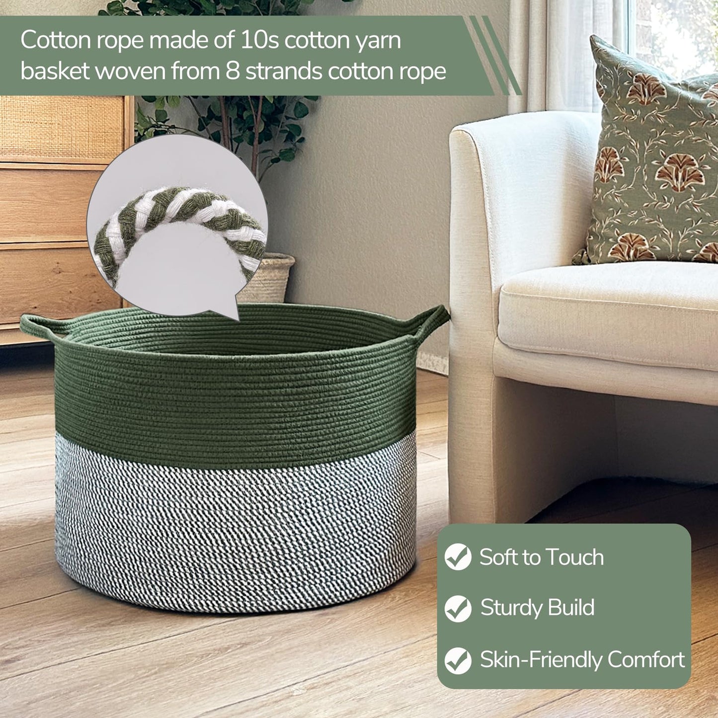 INDRESSME XXXLarge Cotton Rope Basket 21.7" x 21.7" x 13.8" Woven Baby Laundry Blanket Basket Toy Baskets with Handle Storage Comforter Cushions Thread Laundry Hamper