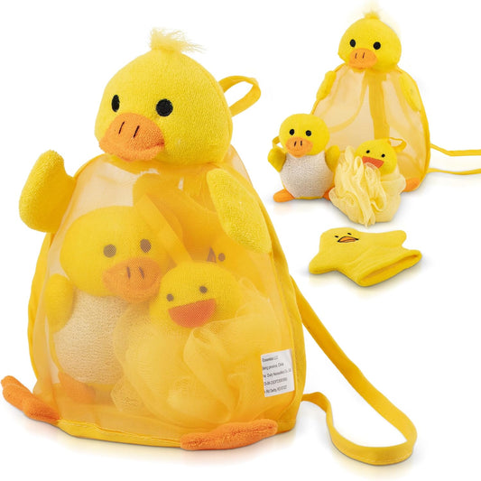 Ducky Scrub 'N Soak Baby Loofah for Bathing Set for Kids Body Scrubber Cute Cartoon Kids Loofah Bath Scrubber for Children Shower Washing Exfoliating, Baby Bath Sponge Yellow Duck Included