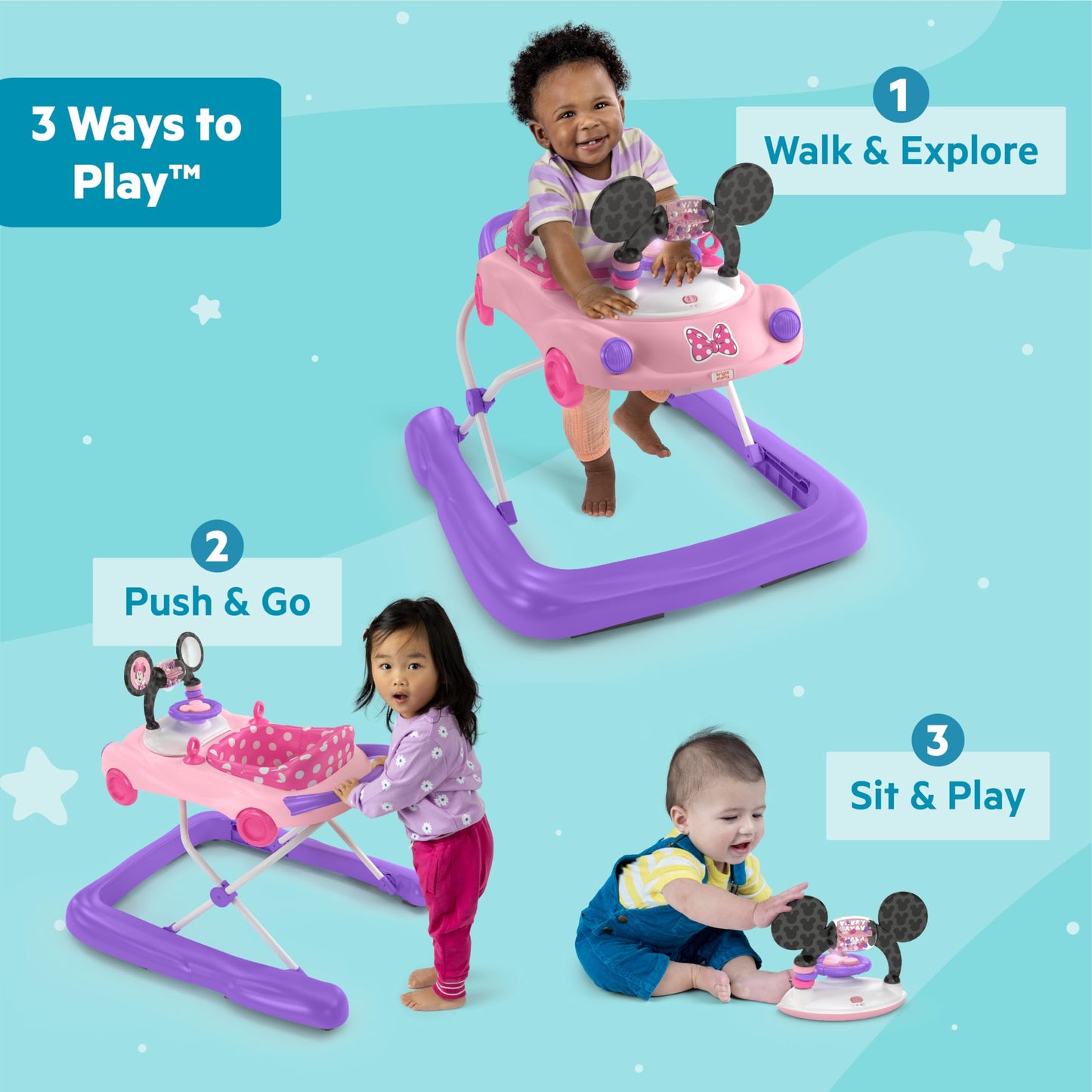 Bright Starts JuneBerry Walk-A-Bout Baby Walker and Entertainer, Removeable Floor Toy, with Easy Fold Frame for Storage, Ages 6 Months +