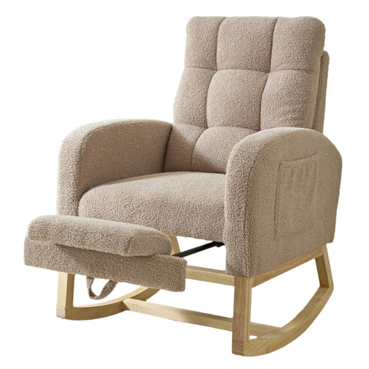 NIOIIKIT Modern Nursery Rocking Chair, Teddy Upholstered Rocking Chair with Footrest, Comfortable Glider Rocker with Side Pocket for Living Room, Bedroom, Nursing Room (Beige)